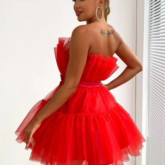 Elegant Mesh Rose Dress Ball Gown Mini Dress - Picture 4 of 7